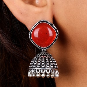 Wholesale Oxidized Silver <b>Red</b> Cat Eye Stone Jhumka <b>Earrings</b> Handmade Tribal Dome <b>Earrings</b> Ethnic Boho Jewelry Supplier - Product Image 2