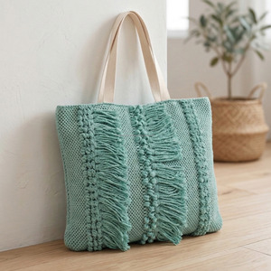 Bolsa de Compras Ecológica de Estilo Boho Tejida Verde con Decoración de Flecos, Bolsa de Mercado Reutilizable para Mujer, Bolsa de Ropa Tejida - Product Image 1