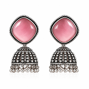 Pendientes Jhumka de Moda para Mujer, de Latón y Aleación de Zinc, Plateados Oxidados, con Imitación de Perlas - Product Image 1