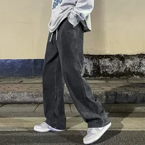 Mens Mid Rise <b>Elastic</b> <b>Waist</b> Straight <b>Jeans</b> Drawstring Breathable Washed Denim Patchwork Pants Streetwear Trousers 100% Cotton - Product Image 2