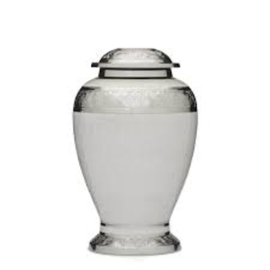 Urne funéraire artisanale pour cendres humaines, élégante, en émail blanc et métal argenté gravé à la main, pour adultes. - Product Image 2