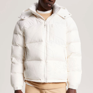 Men's <b>White</b> Hooded Puffer <b>Jacket</b> Stand Collar Zipper <b>Waterproof</b> Front Logo Windproof Winter Casual Coat - Product Image 5