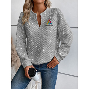 <b>Ladies</b> Shimmer V-Neck Textured Casual <b>Top</b> for Wholesale Women's <b>Sparkly</b> Rhinestone Quilted Pullover Hoodies Blouse OEM ODM - Product Image 1