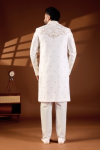 Ceinture à nouer intégrée, style Dhaga, en ivoire, avec motif floral symétrique en vigne, motif arche héritage et touches pastel, pour Sherwani - Product Image 5