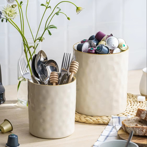 Glazed Porcelain Utensil <b>Holder</b> Set <b>Hammered</b> Texture Finish High Strength Heat Resistant Kitchen Counter Storage Organizer - Product Image 4