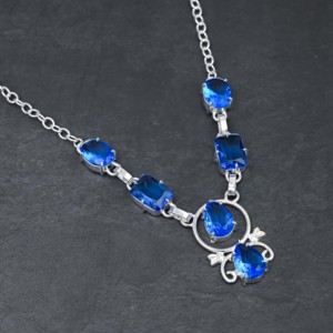 Collier de luxe pour femme en argent sterling avec perle de tanzanite de laboratoire personnalisée, 6 pierres, certifié par un tiers, idéal pour un mariage - Product Image 3