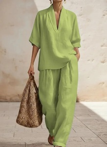Ensemble Coordonné 2 Pièces Tendance Femme 2026 en Lin : Haut Minimaliste Col V et Pantalon Large – Tenue Décontractée d'Été pour Vacances, Imperméable - Product Image 6