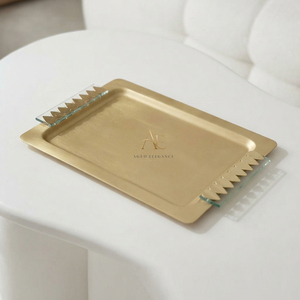 Elegant <b>Gold</b> <b>Serving</b> <b>Tray</b> Featuring Uniquely Textured Acrylic Handles, Perfect For Adding A Luxury Touch To Any Modern Table Set - Product Image 1