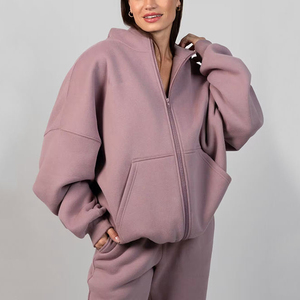 Ensemble de sweat-shirts à capuche surdimensionnés pour femmes, couleur unie, en polaire, manches longues, avec poches, pour l'automne, longueur normale, en coton tricoté - Product Image 5