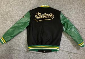 บริการ OEM เสื้อแจ็คเก็ตหนังสีดำเขียวสำหรับผู้ใหญ่ แขนหนัง สไตล์วินเทจฮิปฮอปแบบวาร์ซิตี้  ติดกระดุมหน้าแบบเชบุคโต - Product Image 2