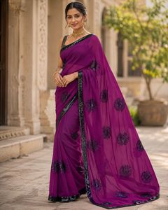 Indian Traditional Ethnic Beautiful Georgette Saree with Embroidery <b>Sequins</b> Work for Women Wedding <b>Party</b> Wear Elegant Outfit - Product Image 2