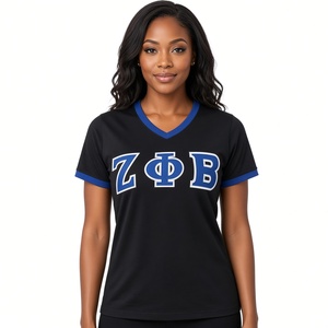 เสื้อยืด Zeta Phi Beta สำหรับผู้หญิง สีดำ แต่งขอบสีน้ำเงินรอยัล คอวี ปักอักษรกรีก เสื้อสตรีชมรม แขนสั้น สำหรับฤดูร้อน - Product Image 4
