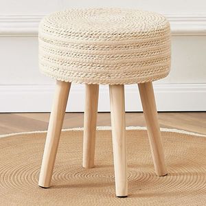 Natural Seagrass Ottoman Footstool with Solid Wood Legs Handwoven Hyacinth Footrest Step Stool - Product Image 1