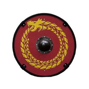 Bouclier Viking Rouge en Tissu Ahmad avec Motif Dragon Doré, 24 Pouces, Rond, Décoratif, Fait Main, en Contreplaqué et Acier Carbone - Product Image 1