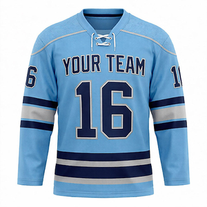 Jersey de Hockey sobre Hielo Sublimado, Azul Cielo, Gris Marino, Rayas, Cuello con Cordones, Manga Larga, Jersey de Equipo, Fabricante OEM, Venta Caliente - Product Image 1
