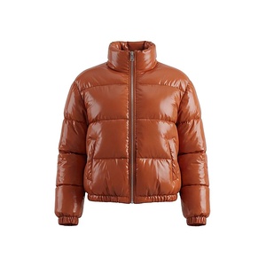 Brown Quilted Puffer Jacket Full Sleeve Stand Collar Windproof Winter Coat Polyester Filling Regular Length - Product Image 3
