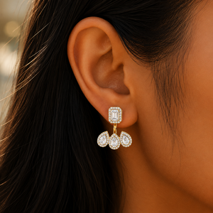 Pendientes Premium Desmontables con Halo de Esmeraldas y Tres Perlas de Diamantes Cultivados en Laboratorio, en Oro Puro de 14K, Tipo Cluster, para Joyería Femenina - Product Image 2