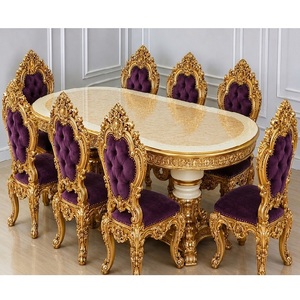 Elegante Juego de Comedor Ovalado de Madera Maciza Inspirado en el Estilo del Maharajá con 8 Sillas de Terciopelo Morado, Muebles Duraderos para el Hogar - Product Image 1