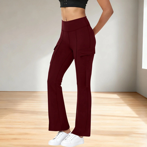 Leggings évasés taille haute pour femmes, couleur unie rouge vin, pantalon extensible en tricot avec poches, longueur intégrale, vêtements de yoga - Product Image 5