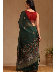 Sari KV para Mujer, Verde, con Estampado Chanderi Pichwai y Blusa sin Coser - Product Image 3