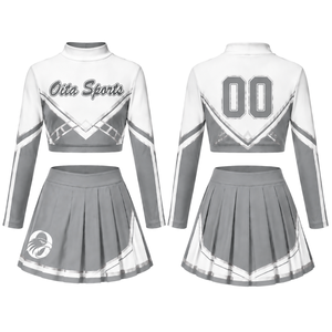 Ensemble uniforme de cheerleading gris et blanc sublimé à manches longues avec jupe plissée – Tenue de sport d'équipe pour entraînement et performance – Personnalisable - Product Image 1
