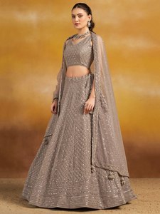 Gray Embroidered Crop <b>Top</b> Anarkali Lehenga Set Natural Waistline Faux Georgette Evening Dress <b>Net</b> Dupatta for Wedding Party Wear - Product Image 2