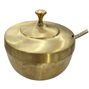 Antique dark finish brass ghee <b>pot</b> with a beautiful floral motif and a golden spoon. Available at wholesale price. - Product Image 2