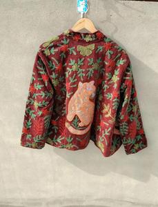 Handmade Red <b>Velvet</b> Embroidered Suzani <b>Jacket</b> With Cat Pattern Full Sleeve Stand Collar Bohemian <b>Women's</b> Autumn Outerwear - Product Image 3