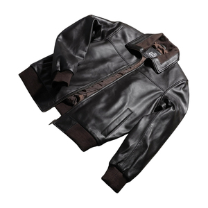 Veste en cuir véritable marron pour homme, col rabattu, fermeture éclair, style motard, coupe-vent, manteau d'automne - Product Image 5