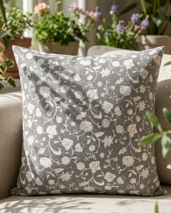 Premium Handcrafted Grey Floral Print <b>Cushion</b> <b>Cover</b> with Elegant Traditional Motif - Product Image 1