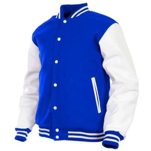 Veste de sport bleue pour homme avec manches blanches, coupe classique, couleur unie, fermeture à boutons, style preppy, vêtement d'automne - Product Image 1