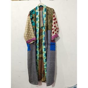 Handmade Elegant Patchwork 100% Silk Full Length V-neck Long Sleeves Breathable Kimono Robe Vintage Casual Drawstring Closure - Product Image 4