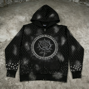 Men's <b>Black</b> <b>Zip</b>-<b>Up</b> <b>Hoodie</b> With Rose Print Sublimation Design Streetwear Style Regular Fit Knitted Polyester Autumn Wear - Product Image 2