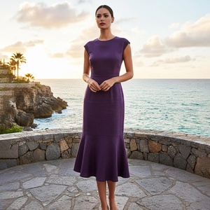 Robe mi-mollet en lin à manches courtes, taille ajustée, ourlet sirène, fermeture éclair au dos, robe élégante et minimaliste, grandes tailles pour femmes - Product Image 3