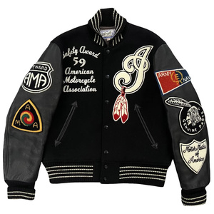Chaqueta Varsity Negra de Lana para Hombre con Mangas de Cuero, Parches AMA Bordados, Estilo Motero, Cuello Camisero, Corte Regular - Product Image 1