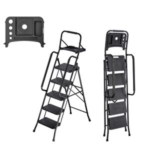 Scala Pieghevole a 5 Gradini con Ripiano, Pedali Antiscivolo Larghi, Vassoio Porta Attrezzi, Doppia Corrimano, Capacità 600 Libbre, Telaio in Acciaio Portatile - Product Image 1