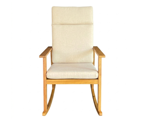 Fauteuil à bascule scandinave NICO, structure en teck, revêtement en lin, style mid-century modern, accoudoirs, pieds coniques, chaise de jardin - Product Image 4