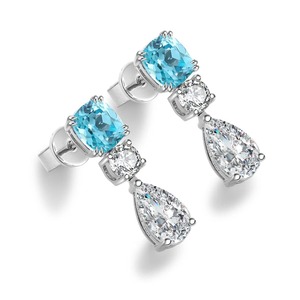Classic Women's 925 <b>Silver</b> <b>Stud</b> Earrings With Blue Topaz And Pear Cut Diamond Drop Claw Setting Wedding Jewelry - Product Image 1