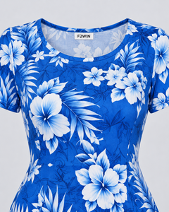 Blue Floral Print V-Neck A-Line Chiffon Tea-Length Dress with Cap Sleeve for Women Summer Casual Wear best selling wholesale - Product Image 6