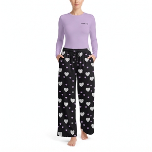 Women's Heart Print Pajama Set Long Sleeve O <b>Neck</b> Top Matching Long Pants Soft Elastic Waist Breathable Sleepwear - Product Image 1