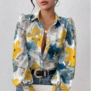 Camisa Holgada con Estampado y Cuello de Solapa, Estilo Nuevo de Otoño e Invierno para Mujeres Europeas y Americanas - Product Image 1