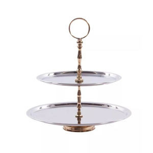 Great Quality Polished Aluminum With Gold Finish Handle Dessert Serving Tray 2 <b>Tier</b> Metal <b>Cake</b> Stand For Wedding And Party Table - Product Image 1