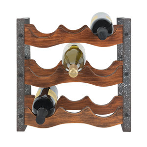 Botellero moderno de metal y madera para fiestas con pulido natural y acabado de recubrimiento en polvo negro, portabotellas de 3 niveles de forma rectangular - Product Image 2