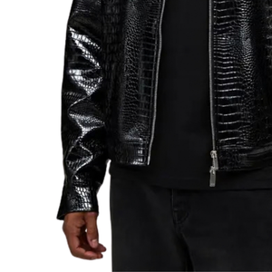 Veste en cuir véritable noir brillant pour homme, effet crocodile, col chemise, fermeture éclair sur le devant, coupe décontractée, streetwear haut de gamme, OEM - Product Image 4