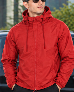 Men's <b>Red</b> Hooded <b>Windbreaker</b> Jacket Windproof Zipper Closure Casual Autumn Wear Regular Fit Solid Color Polyester Shell - Product Image 3
