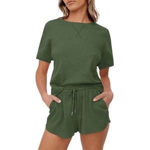 Conjunto Casual de Dos Piezas para Mujer, Verano, Jersey y Pantalones Cortos, Tejido de Punto, Corte Holgado con Decoración de Encaje, para Casa y Deportes - Product Image 2