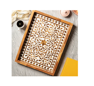 Bandeja Decorativa de Hueso Incrustado Marrón de Excelente Calidad, Precio Directo de Fábrica, Bandeja de Lujo de Alta Calidad India - Product Image 1