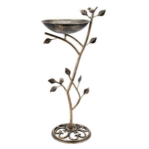 Bain d'oiseaux en fer forgé blanc antique orné avec support et 3 oiseaux décoratifs, mangeoire décorative de jardin en métal, accent extérieur autoportant - Product Image 3