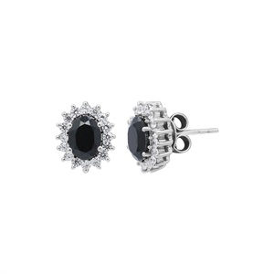 Vente en gros de boucles d'oreilles clous ovales facettées en argent sterling 925 massif avec onyx noir et halo de zirconiums cubiques, Memoria Jewels - Product Image 4