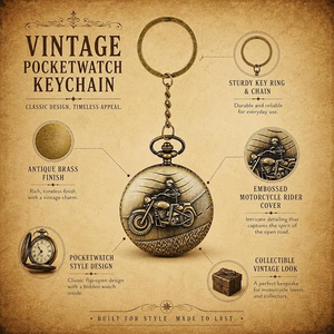 Vintage Metal Motorcycle Pocket Watch Keychain, Antique Brass Finish Round Embossed <b>Biker</b> Pendant Key <b>Ring</b> - Product Image 2